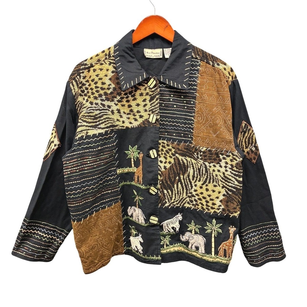 New Directions Safari Patchwork Jacket Womens L Multicolor Animal Print Linen